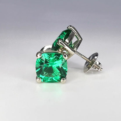 Stud Earrings Cushion Cut Green Emerald 14K White Gold Emerald  Stud Earrings, Simple Emerald Earrings May Birthstone Studs minimalist #5725