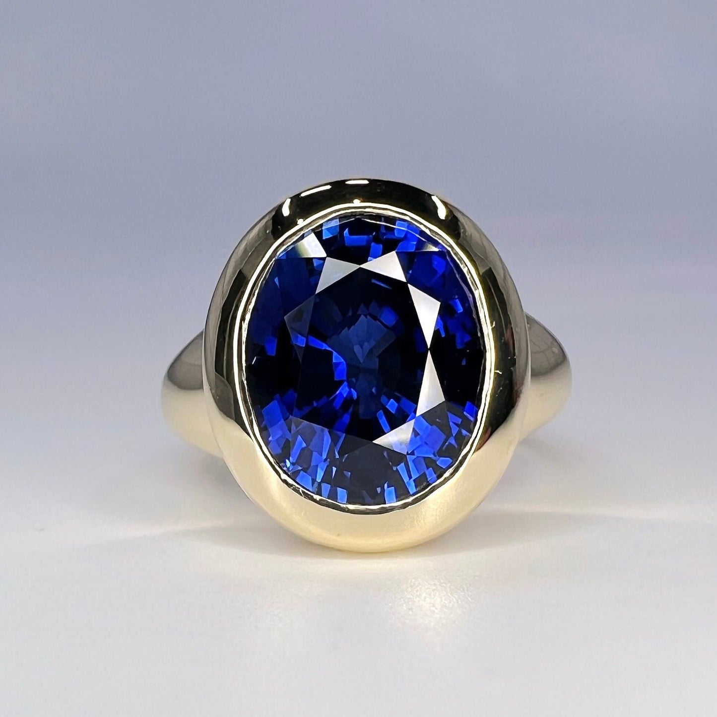 Oval Shape Bue Sapphire Engagement Ring 14K Yellow Gold Unisex Rings, Large Oval Bezel Set Solitaire Engagement Ring Solid Gold Unisex, 6303