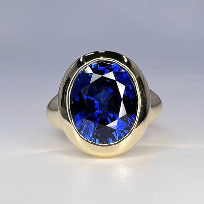 Oval Shape Bue Sapphire Engagement Ring 14K Yellow Gold Unisex Rings, Large Oval Bezel Set Solitaire Engagement Ring Solid Gold Unisex, 6303