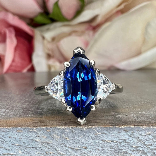 Marquise Sapphire Engagement Ring, Sapphire and Moissanite Ring, Marquise And Trillion Wedding Ring, 14K White Gold #6792 #6793
