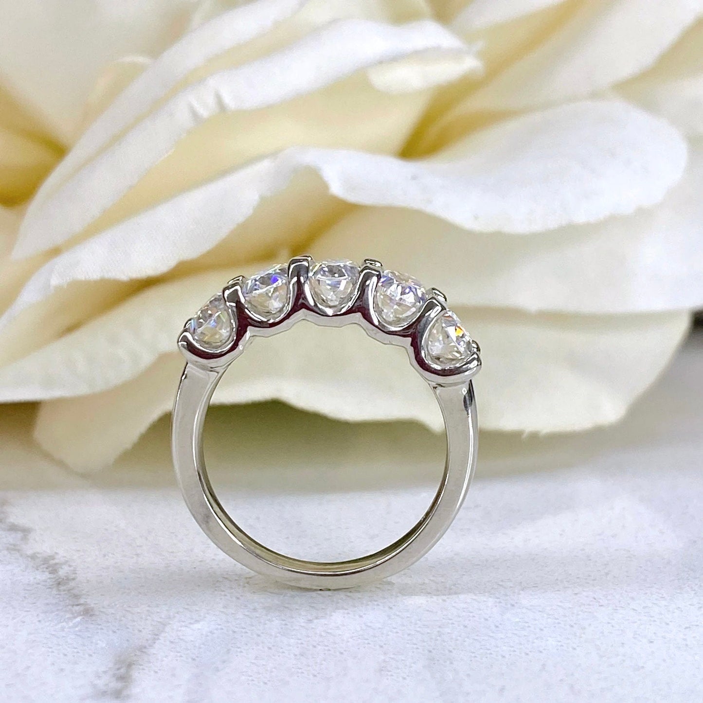 Oval Moissanite Anniversary Band, Five Stone Oval Moissanite Wedding Ring, 14k White Gold 5 Stone Oval Moissanite Ladies Wedding Band #7128