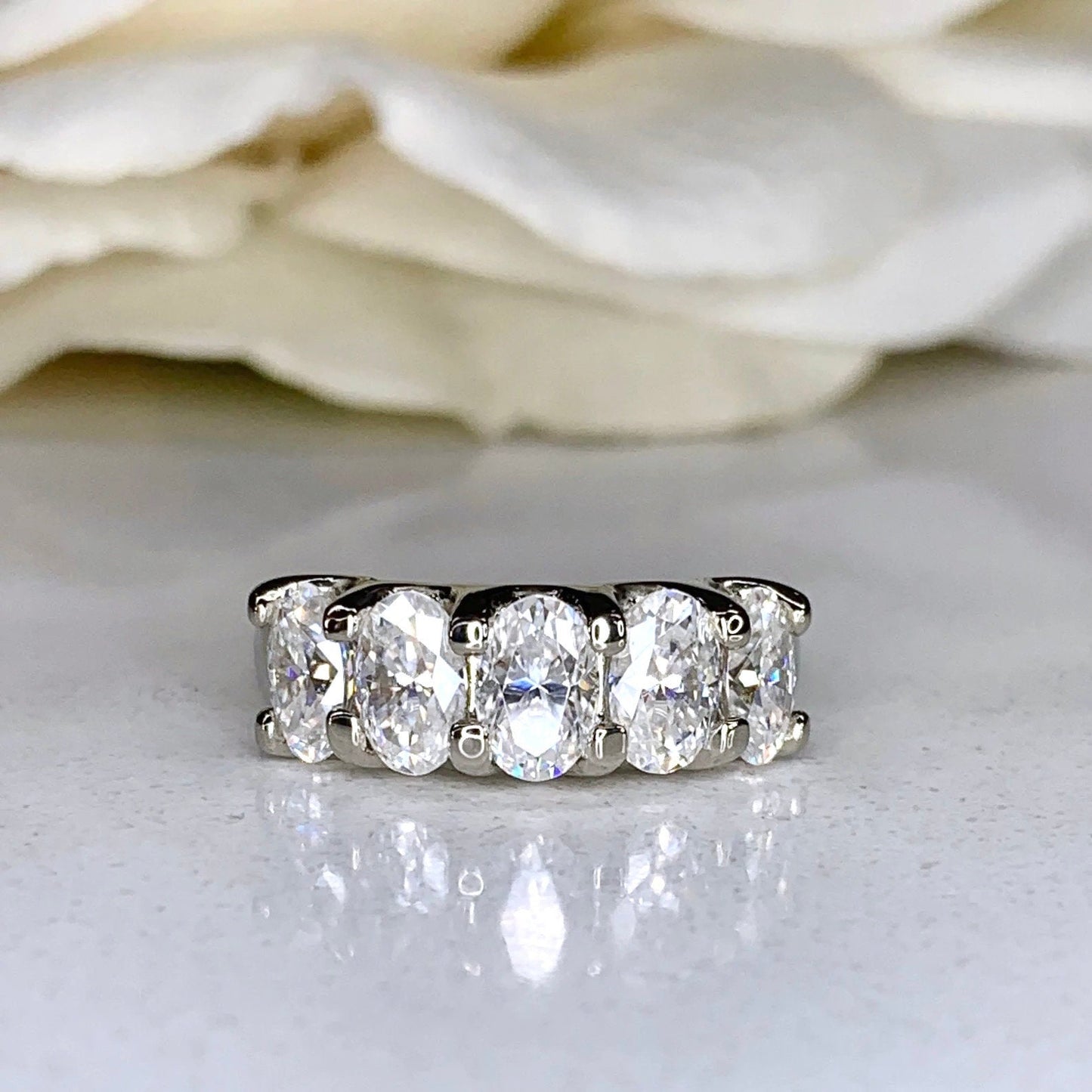 Oval Moissanite Anniversary Band, Five Stone Oval Moissanite Wedding Ring, 14k White Gold 5 Stone Oval Moissanite Ladies Wedding Band #7128