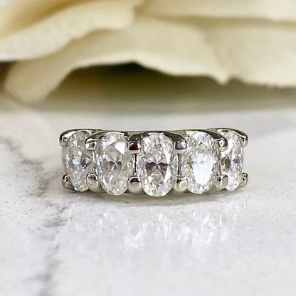 Oval Moissanite Anniversary Band, Five Stone Oval Moissanite Wedding Ring, 14k White Gold 5 Stone Oval Moissanite Ladies Wedding Band #7128