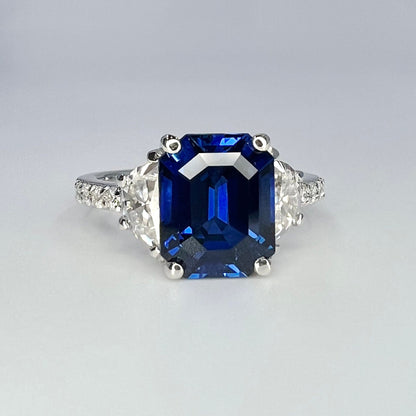 Emerald Cut Blue Sapphire Engagement Ring, Moissanite Ring, Blue Sapphire Ring, Half-Moon Moissanite Accents, 14k White Gold  Ring, #6458