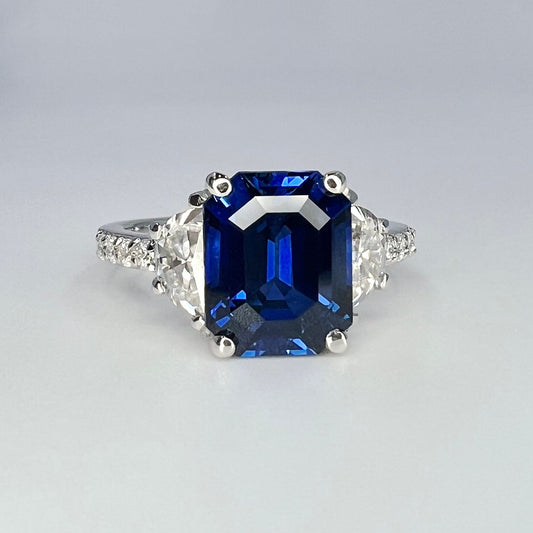 Emerald Cut Blue Sapphire Engagement Ring, Moissanite Ring, Blue Sapphire Ring, Half-Moon Moissanite Accents, 14k White Gold  Ring, #6458
