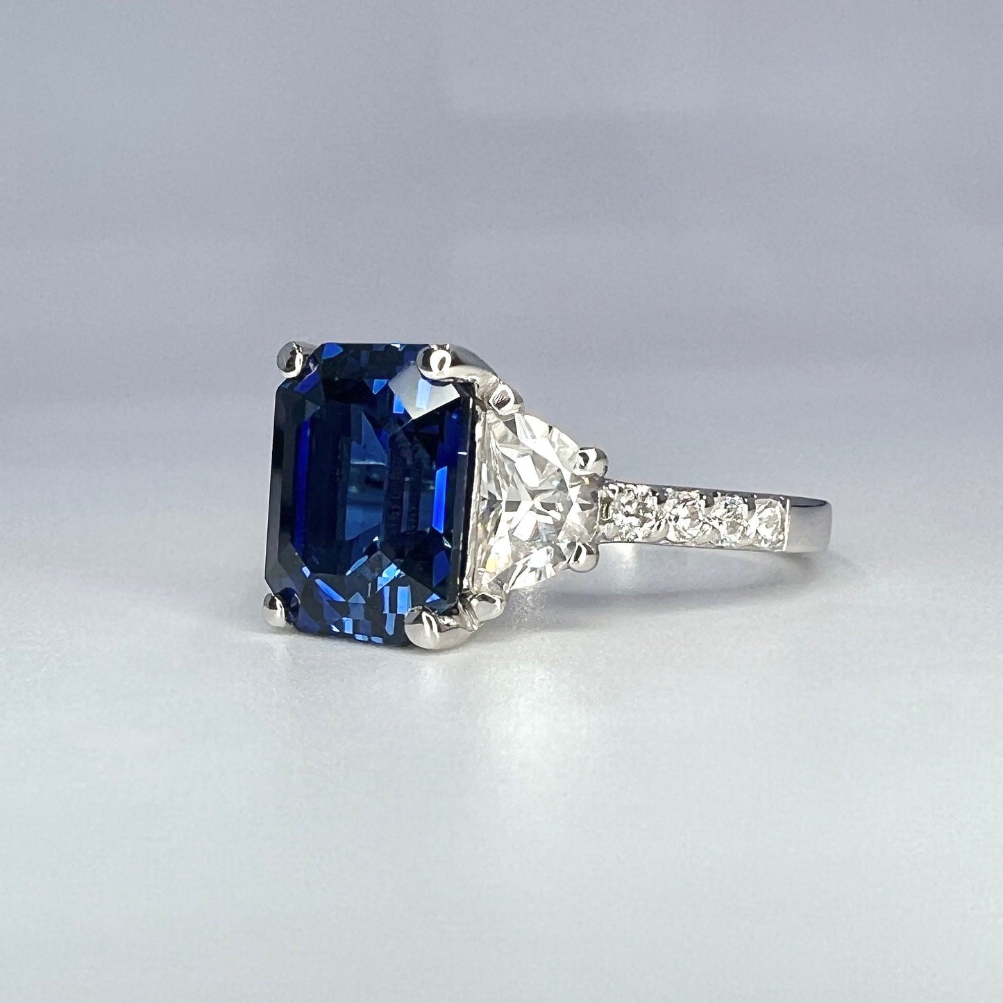 Emerald Cut Blue Sapphire Engagement Ring, Moissanite Ring, Blue Sapphire Ring, Half-Moon Moissanite Accents, 14k White Gold  Ring, #6458