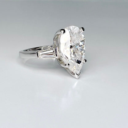 Moissanite Pear Shape Engagement Ring, Pear Solitaire Engagement Ring With Baguettes, 14k White Gold, Three Stone Ring,  #4845 #6882