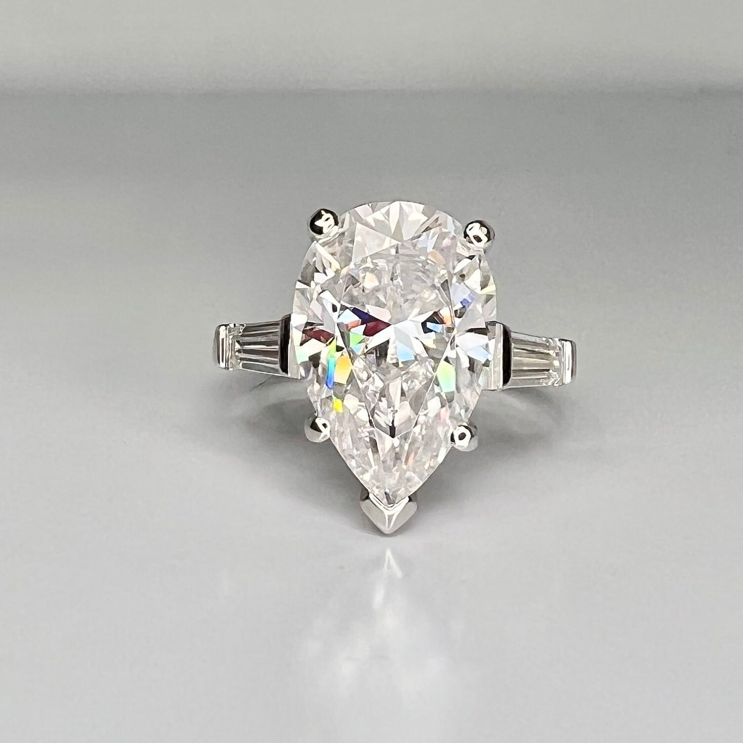 Moissanite Pear Shape Engagement Ring, Pear Solitaire Engagement Ring With Baguettes, 14k White Gold, Three Stone Ring,  #4845 #6882