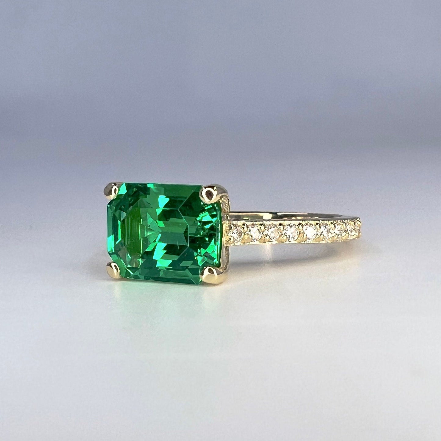 Emerald cut emerald engagement ring, with round Moissanite accents 2.70ctw 14k yellow gold east west emerald cut green emerald ring,  #5958