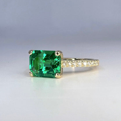 Emerald cut emerald engagement ring, with round Moissanite accents 2.70ctw 14k yellow gold east west emerald cut green emerald ring,  #5958