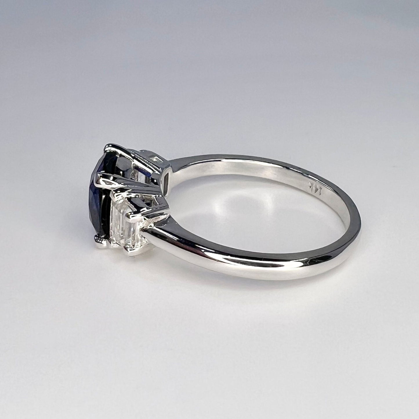 Blue Sapphire And Moissanite Engagement Ring, Cushion Cut Sapphire And Moissanite Three Stone Wedding Ring, 14k White Gold Ladies Ring