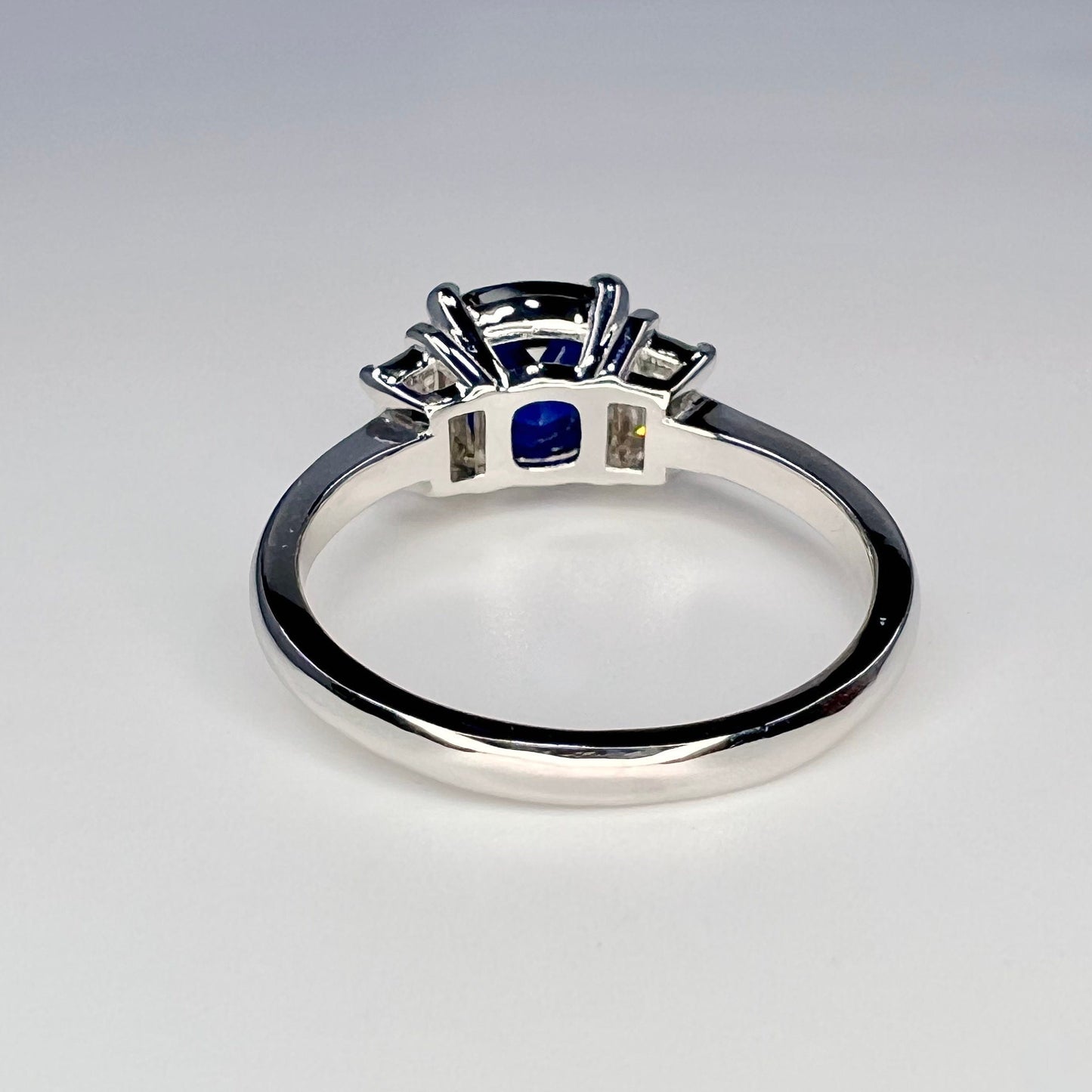Blue Sapphire And Moissanite Engagement Ring, Cushion Cut Sapphire And Moissanite Three Stone Wedding Ring, 14k White Gold Ladies Ring