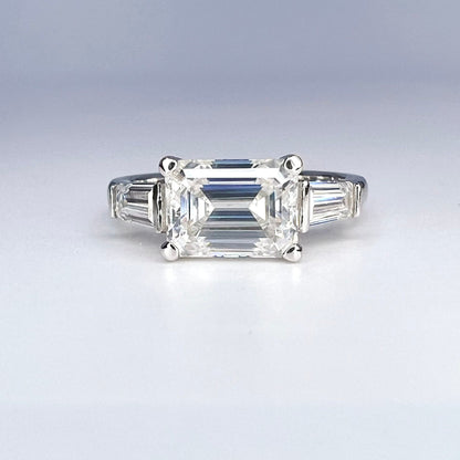 East to West Emerald Cut Moissanite Engagement Ring With Tapered Baguette Diamond Side Stones in 14K Solid White Gold, or Yellow Gold #8114
