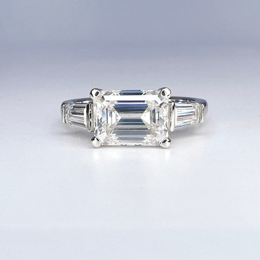 East to West Emerald Cut Moissanite Engagement Ring With Tapered Baguette Diamond Side Stones in 14K Solid White Gold, or Yellow Gold #8114