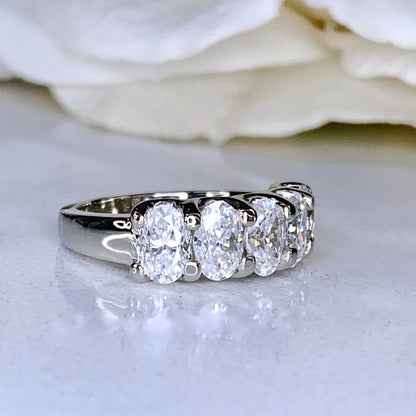 Oval Moissanite Anniversary Band, Five Stone Oval Moissanite Wedding Ring, 14k White Gold 5 Stone Oval Moissanite Ladies Wedding Band #7128