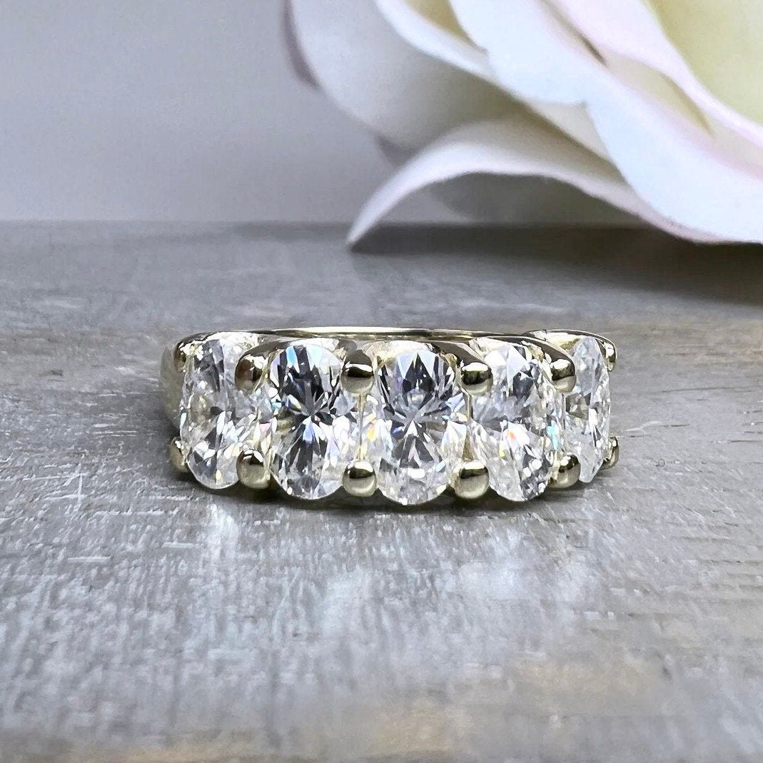 Oval Moissanite Anniversary Band, Five Stone Oval Moissanite Wedding Ring, 14k White Gold 5 Stone Oval Moissanite Ladies Wedding Band #7128