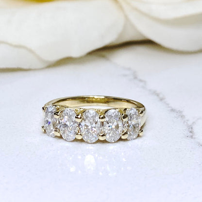 Lab grown diamond wedding band, Lab created diamond half eternity band 14k solid gold, 5 stone oval cut diamond ring, cvd diamond ring