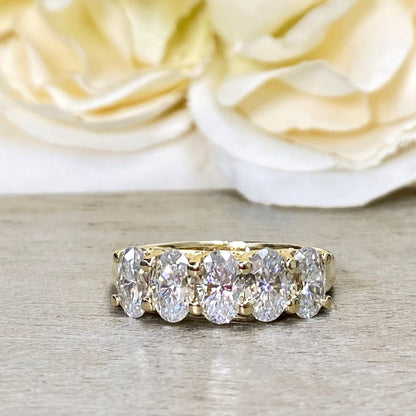Lab grown diamond wedding band, Lab created diamond half eternity band 14k solid gold, 5 stone oval cut diamond ring, cvd diamond ring