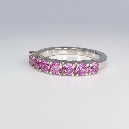 Round cut pink sapphire half eternity matching wedding band 14K solid gold, stacking pink sapphire bridal band, dainty wedding band, #8084