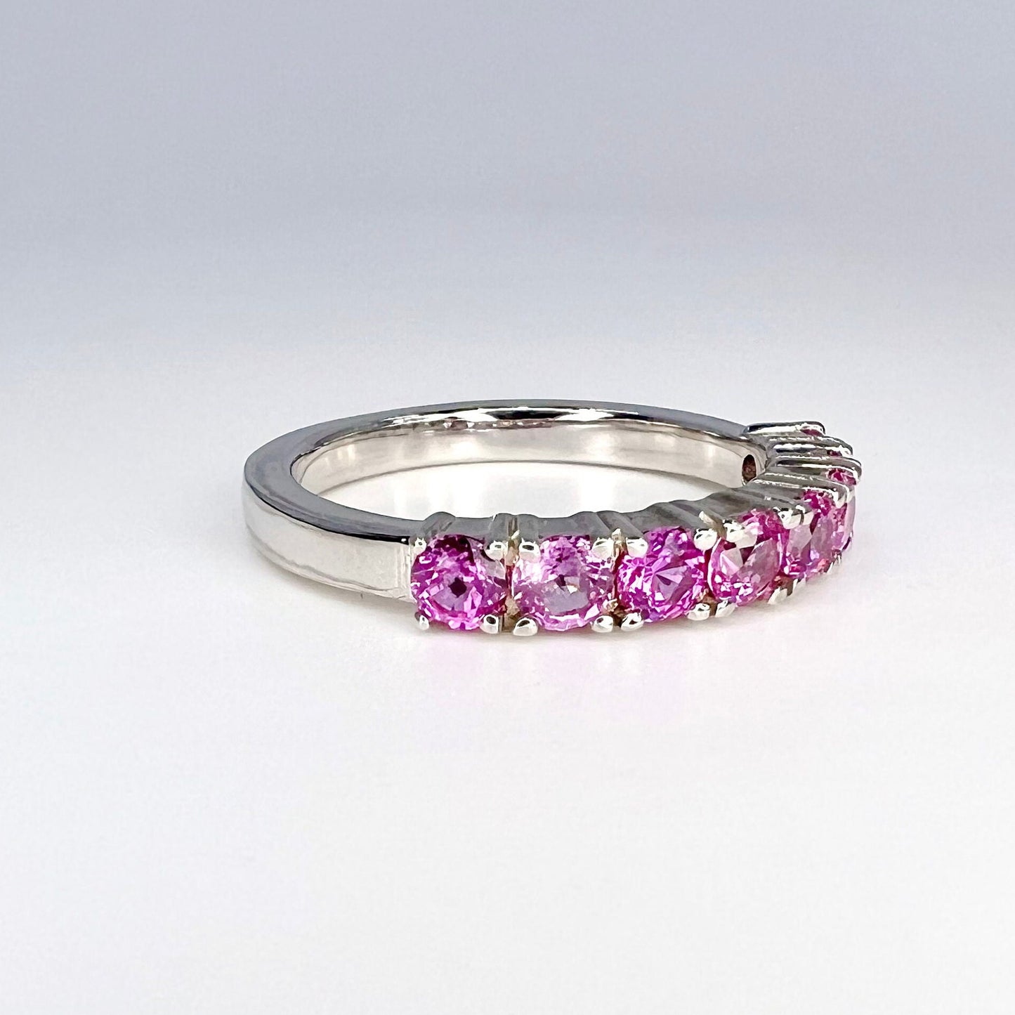 Round cut pink sapphire half eternity matching wedding band 14K solid gold, stacking pink sapphire bridal band, dainty wedding band, #8084