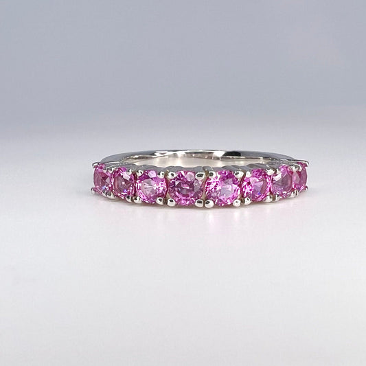 Round cut pink sapphire half eternity matching wedding band 14K solid gold, stacking pink sapphire bridal band, dainty wedding band, #8084