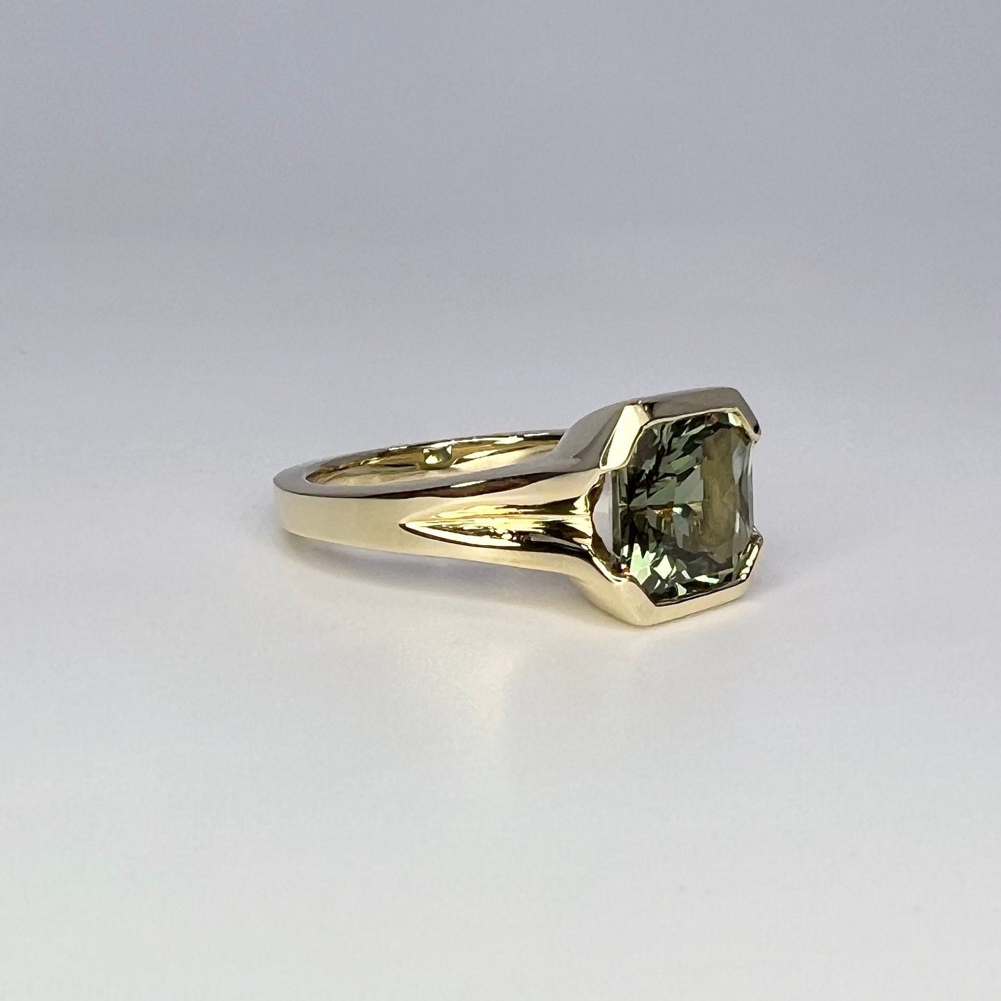 Bezel Set olive green sapphire engagement ring 14k solid gold | Half bezel green sapphire solitaire wedding ring | Promise ring