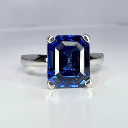 Emerald cut blue sapphire engagement ring yellow gold, Blue sapphire solitaire ring, September birthstone jewelry, Blue sapphire ring, #6132