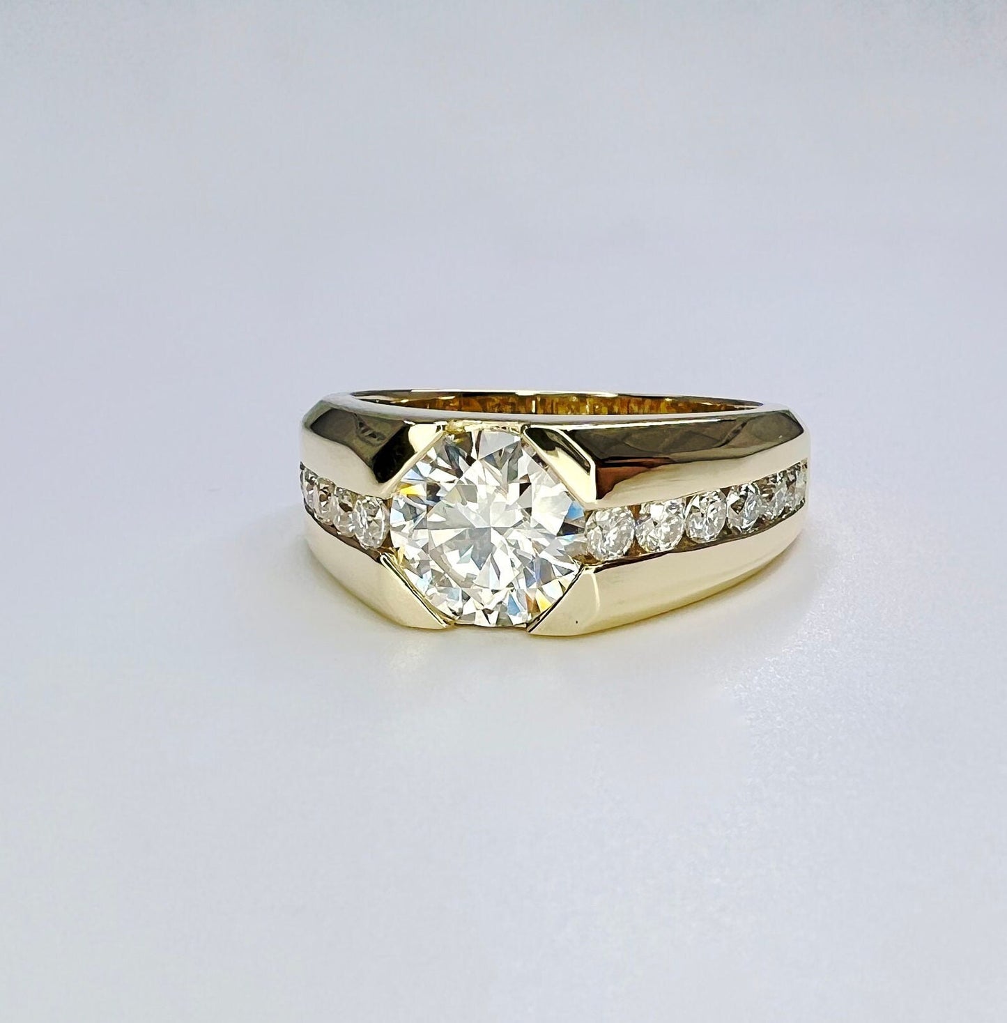 Round moissanite  mens ring 14k solid gold, half bezel mens moissanite ring, Fathers day gift, mens pinky ring, real diamond ring mans #8192