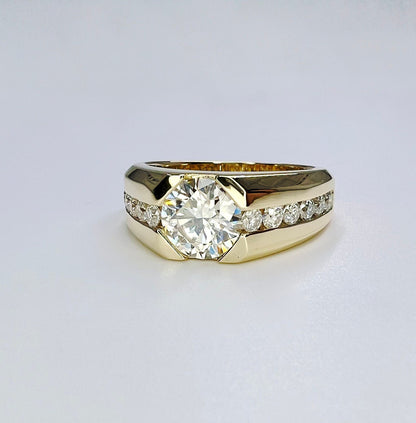 Round moissanite  mens ring 14k solid gold, half bezel mens moissanite ring, Fathers day gift, mens pinky ring, real diamond ring mans #8192