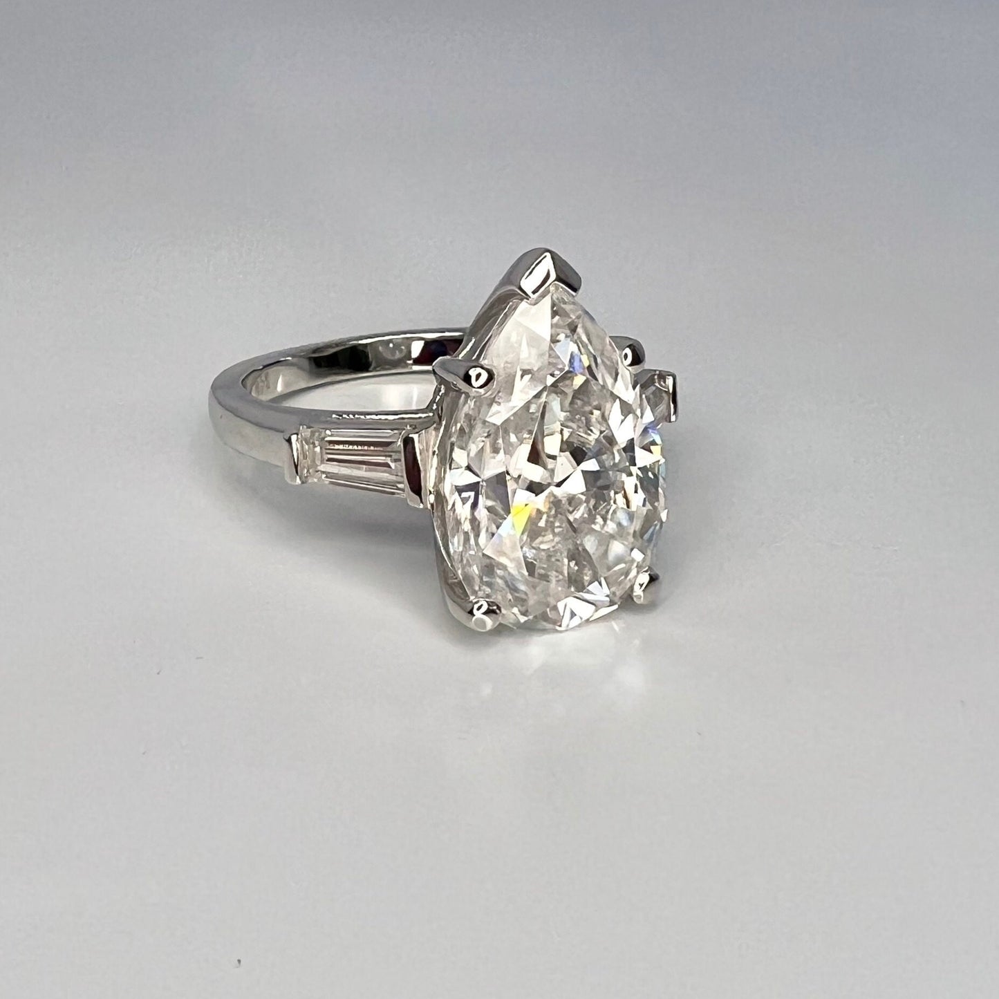 Moissanite Pear Shape Engagement Ring, Pear Solitaire Engagement Ring With Baguettes, 14k White Gold, Three Stone Ring,  #4845 #6882
