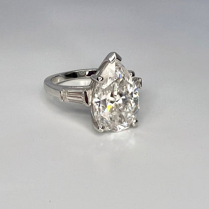 Moissanite Pear Shape Engagement Ring, Pear Solitaire Engagement Ring With Baguettes, 14k White Gold, Three Stone Ring,  #4845 #6882