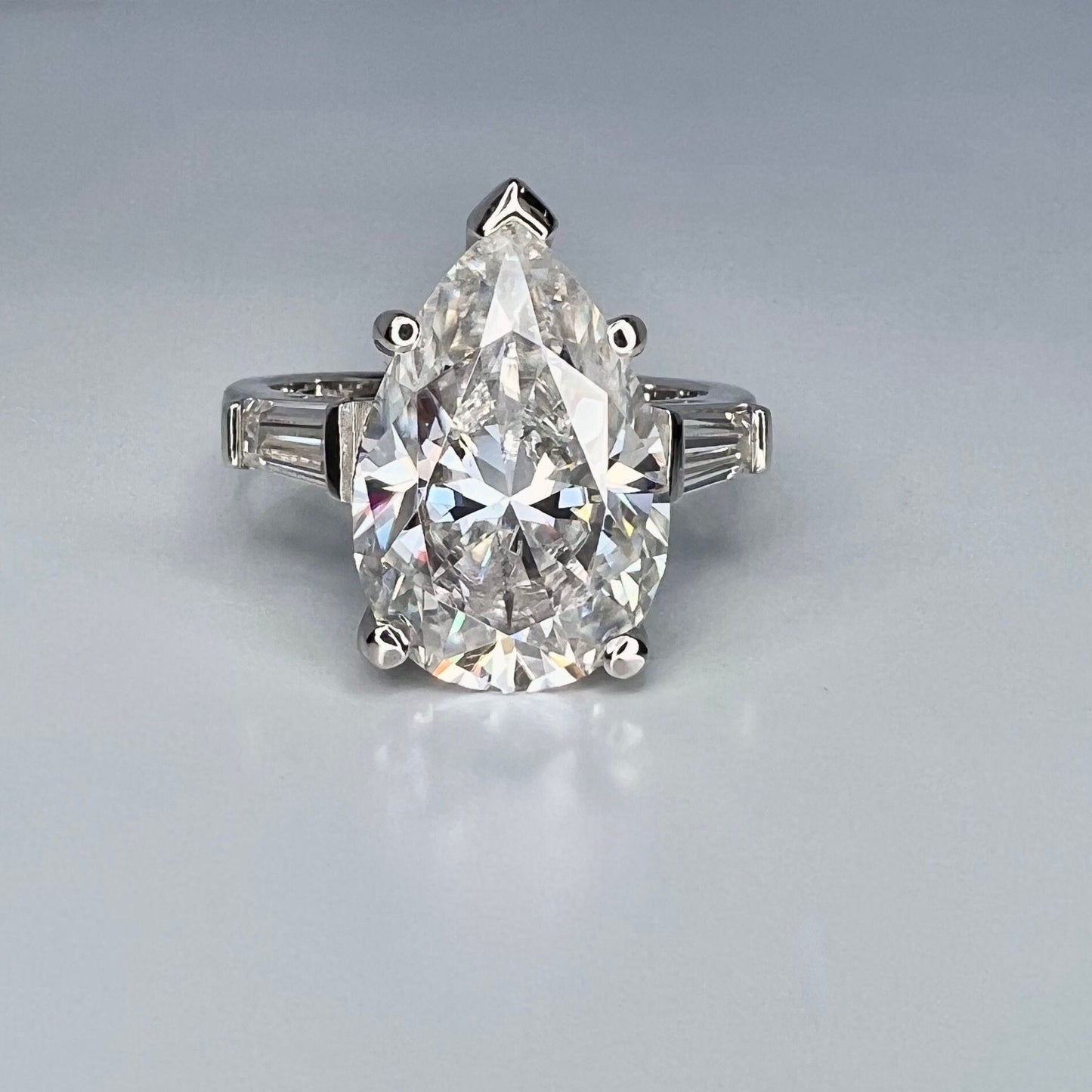 Moissanite Pear Shape Engagement Ring, Pear Solitaire Engagement Ring With Baguettes, 14k White Gold, Three Stone Ring,  #4845 #6882