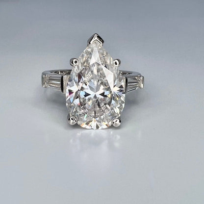 Moissanite Pear Shape Engagement Ring, Pear Solitaire Engagement Ring With Baguettes, 14k White Gold, Three Stone Ring,  #4845 #6882