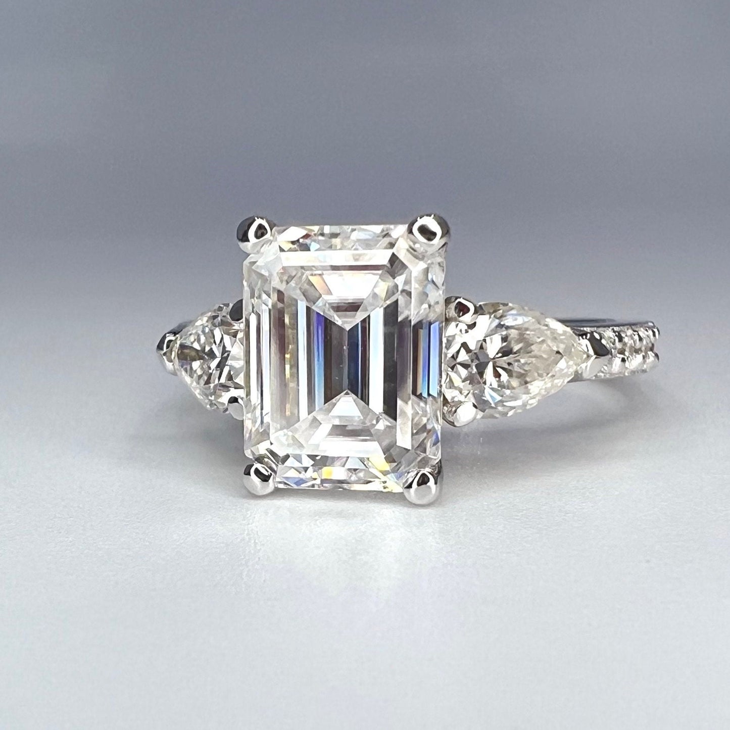 Moissanite Engagement Ring, Emerald Cut With Pear Shape Accents  3.50 ctw. 14K White Gold  #5210