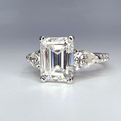 Moissanite Engagement Ring, Emerald Cut With Pear Shape Accents  3.50 ctw. 14K White Gold  #5210