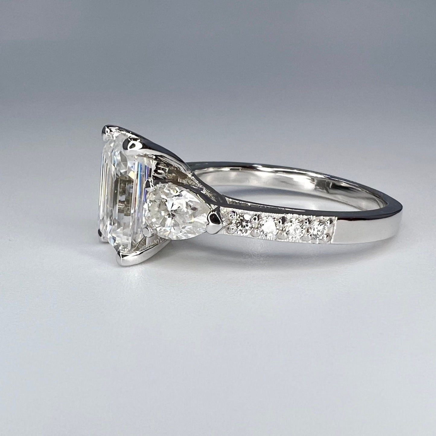 Moissanite Engagement Ring, Emerald Cut With Pear Shape Accents  3.50 ctw. 14K White Gold  #5210