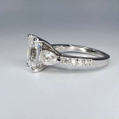 Moissanite Engagement Ring, Emerald Cut With Pear Shape Accents  3.50 ctw. 14K White Gold  #5210