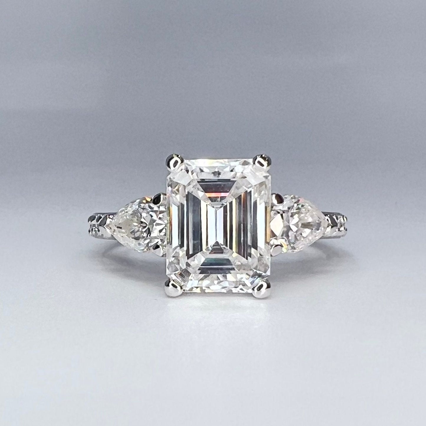 Moissanite Engagement Ring, Emerald Cut With Pear Shape Accents  3.50 ctw. 14K White Gold  #5210