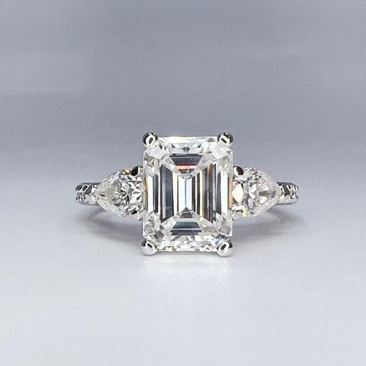 Moissanite Engagement Ring, Emerald Cut With Pear Shape Accents  3.50 ctw. 14K White Gold  #5210