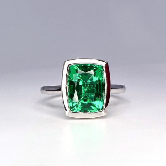 Emerald elongated cushion cut engagement ring, bezel set emerald ring, 2.50ctw, 14k yellow gold #5956