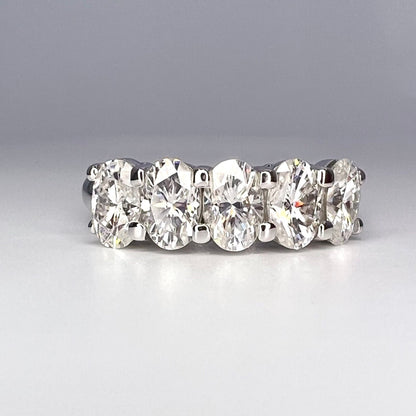 Certified Moissanite Oval 5 Stone Wedding Ring For Ladies, 14K White Gold Moissanite Anniversary Band  For Her, April Birthstone Ring