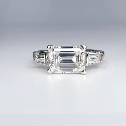 East to West Emerald Cut Moissanite Engagement Ring With Tapered Baguette Diamond Side Stones in 14K Solid White Gold, or Yellow Gold #8114