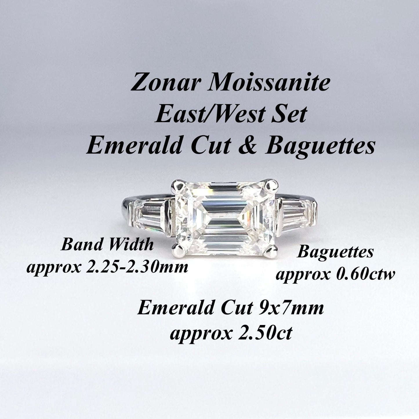 East to West Emerald Cut Moissanite Engagement Ring With Tapered Baguette Diamond Side Stones in 14K Solid White Gold, or Yellow Gold #8114