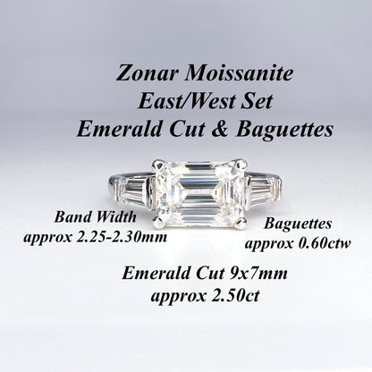East to West Emerald Cut Moissanite Engagement Ring With Tapered Baguette Diamond Side Stones in 14K Solid White Gold, or Yellow Gold #8114