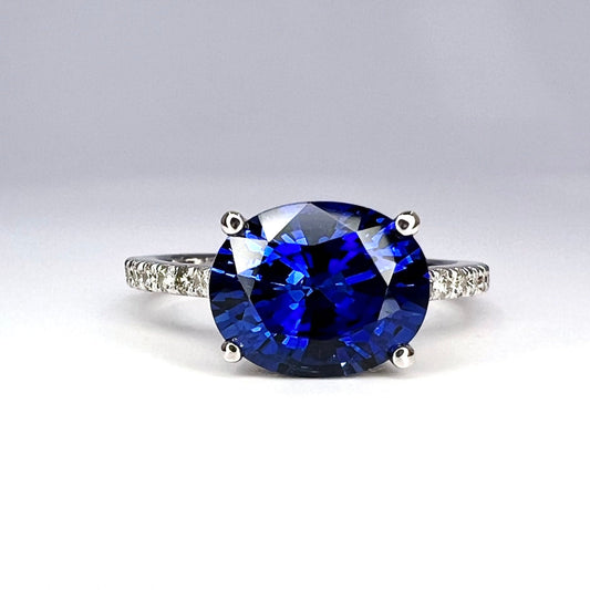 Oval  Blue Sapphire And Genuine Diamond Ring Set Horizontal In 14k White Gold #5777