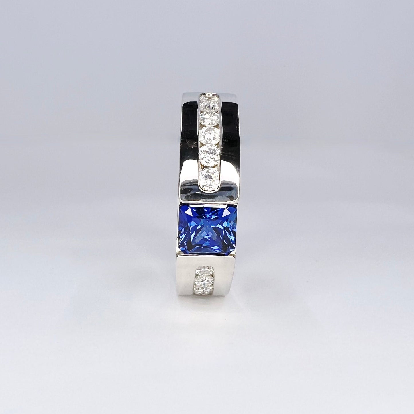 Mens Blue Sapphire Diamond Wedding Band 14K White Gold, Mens diamond band, Mens Pinky Ring, Mans Gold wedding band, Blue Sapphire Ring #8113