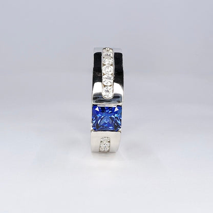 Mens Blue Sapphire Diamond Wedding Band 14K White Gold, Mens diamond band, Mens Pinky Ring, Mans Gold wedding band, Blue Sapphire Ring #8113