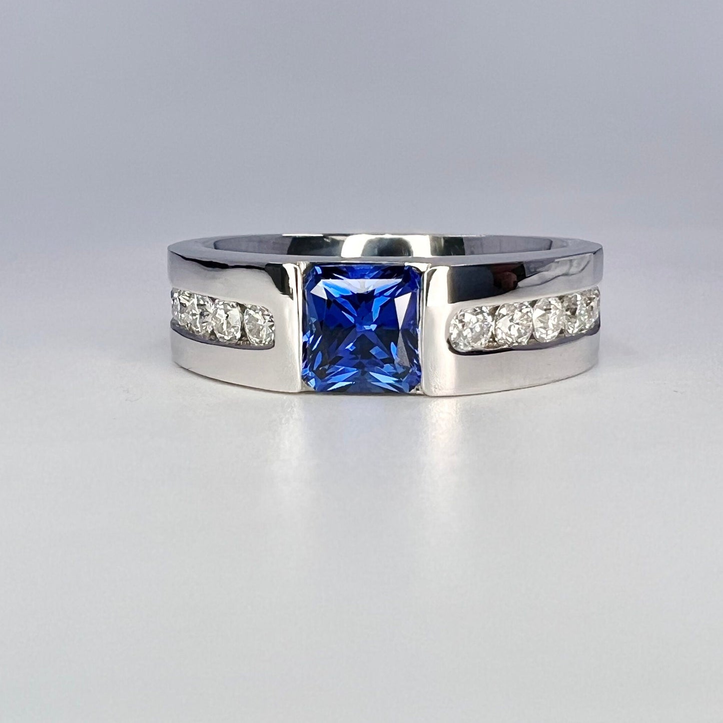 Mens Blue Sapphire Diamond Wedding Band 14K White Gold, Mens diamond band, Mens Pinky Ring, Mans Gold wedding band, Blue Sapphire Ring #8113