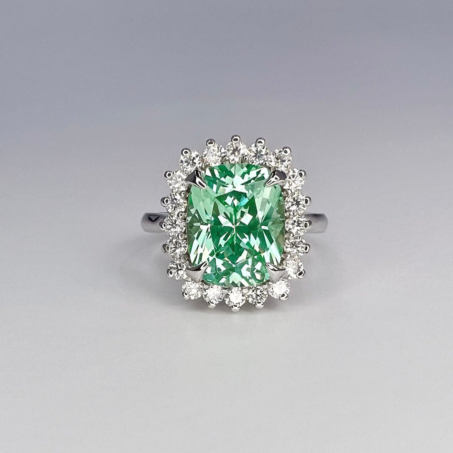 Green Paraiba Elongated Cushion Cut and Moissanite Halo Engagement Ring White Gold  Unique Vintage Anniversary Promise Wedding Rings   #7405