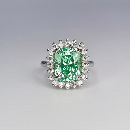 Green Paraiba Elongated Cushion Cut and Moissanite Halo Engagement Ring White Gold  Unique Vintage Anniversary Promise Wedding Rings   #7405